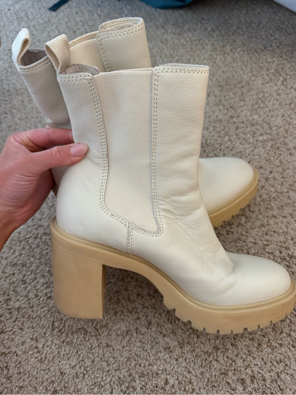 Dolce Vita Cream Leather Platform Chelsea Boots with Chunky Tan Sole